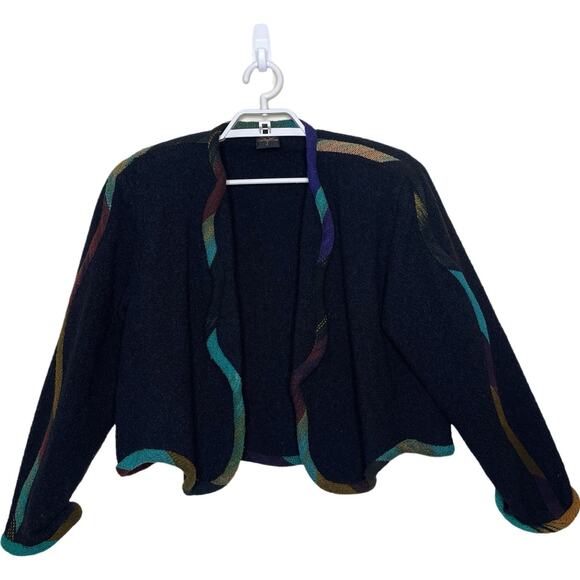 Vtg CANDISS COLE Wool Cropped‎ Bolero Jacket Black Rainbow Trim Art To Wear P/S